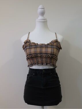 SHEIN Plaid Ruffle Trim Smocked Crop Top Small Tan Brown Gingham Coquette Fairy